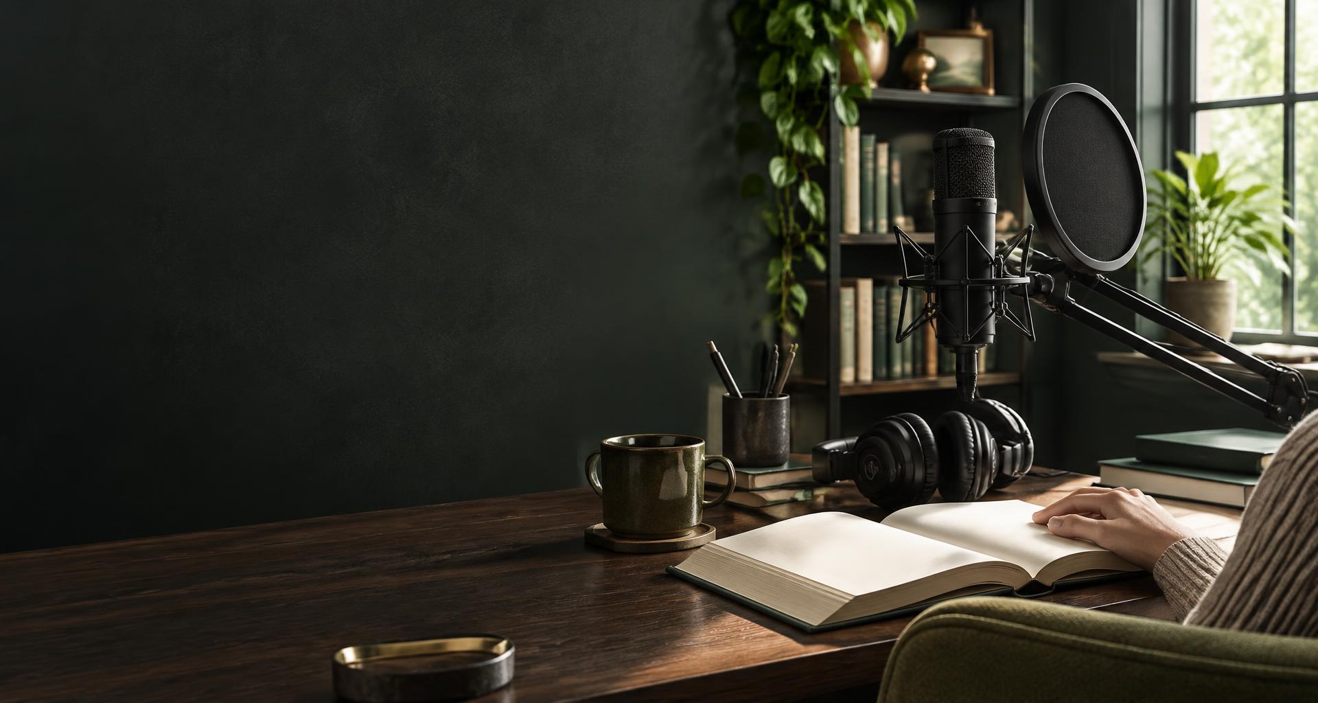 Professional microphone and manuscript in a home recording studio